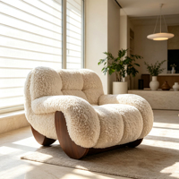 Fauteuil à bascule en tissu Teddy, fauteuil simple design Boucle, base en bois massif, fauteuil d'appoint pour salon