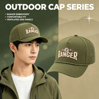 Casquette de baseball Ranger verte pour la chasse et la randonnée, avec panneaux respirants perforés au laser, logo montagne brodé en 3D et corde tressée