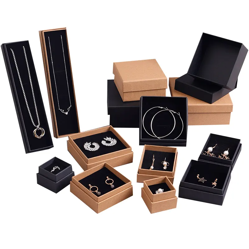 Omet OEM Kertas Kraft Cokelat Kotak Perhiasan Schmuck untuk Perhiasan Cincin Gelang Kalung Anting Bangle Liontin Kemasan