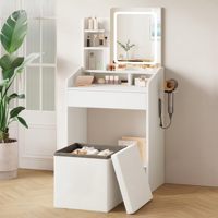Petit ensemble de coiffeuse moderne blanc avec miroir éclairé et station de charge, tabouret de rangement et support pour sèche-cheveux