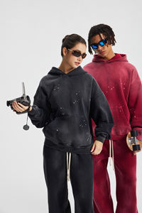 High Quality 360gsm Oversize Custom Fleece Stone Acid Washed Vintage Distressed Ripped Unisex Hoodie Sweatshirt For Men Women - Product Image 3