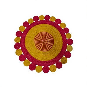 Handmade Jute Round Area Rug Abstract Bohemian Style Red <b>Yellow</b> Spiral Pattern Living Room Decor Flat Pile Spot Clean - Product Image 1
