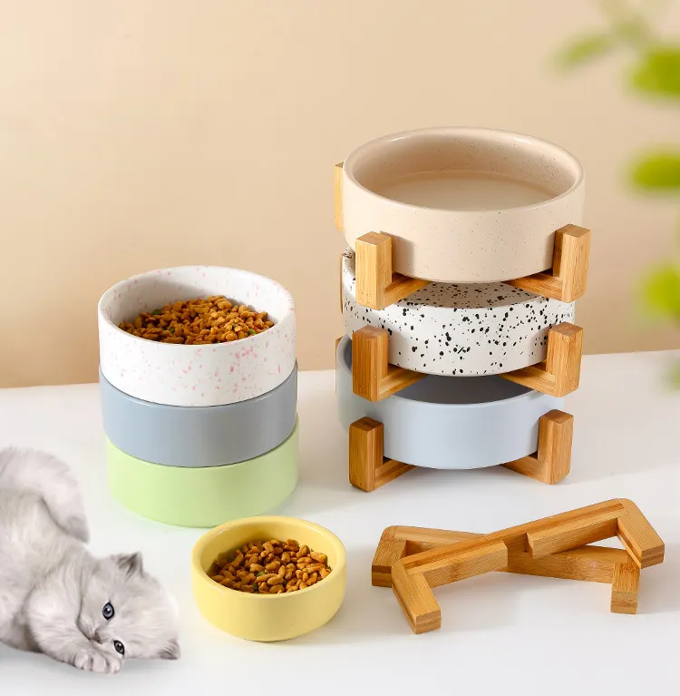Custom Print Logo Keramische Huisdier Kom Met Bamboe Stand Feeding Feeder Water Kom Voor Hond Katten Keramische Kom
