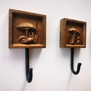 Solid <b>Wood</b> Wall <b>Hook</b> Mushroom Design Square Shape <b>Coat</b> And Cap Holder Nordic Style No Drilling Required - Product Image 3