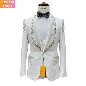 手工缝制男式西装定制标志3件Homme西装外套修身舞会礼服白色西装奢华男士婚礼 - Product Image 5