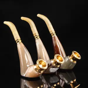 Portátil Natural Horn Fumar Tubo Presente Cigarro Pipe Set Brass Wok dos homens com filtro microporoso para cigarro de tabaco