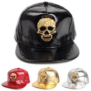 Snapback Cap PU Leather Crocodile Pattern Skull Rhinestone Embellished <b>Flat</b> Brim Hip Hop Baseball <b>Hat</b> For Men - Product Image 1