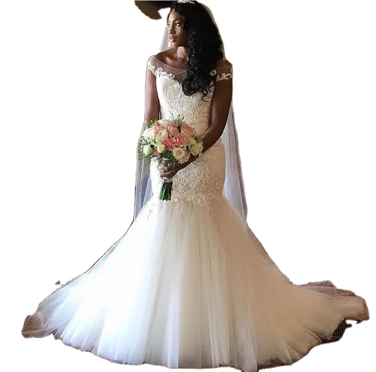 W023#Custom Made Bridal Dress African Traditional Wedding Gowns White Mermaid Design Cap Sleeve Applique Wedding Dresses