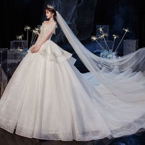 Elegant Off Shoulder Ball Gown Wedding Dress Princess Waistline Sparkling Train Strapless Neckline X073 - Product Image 1