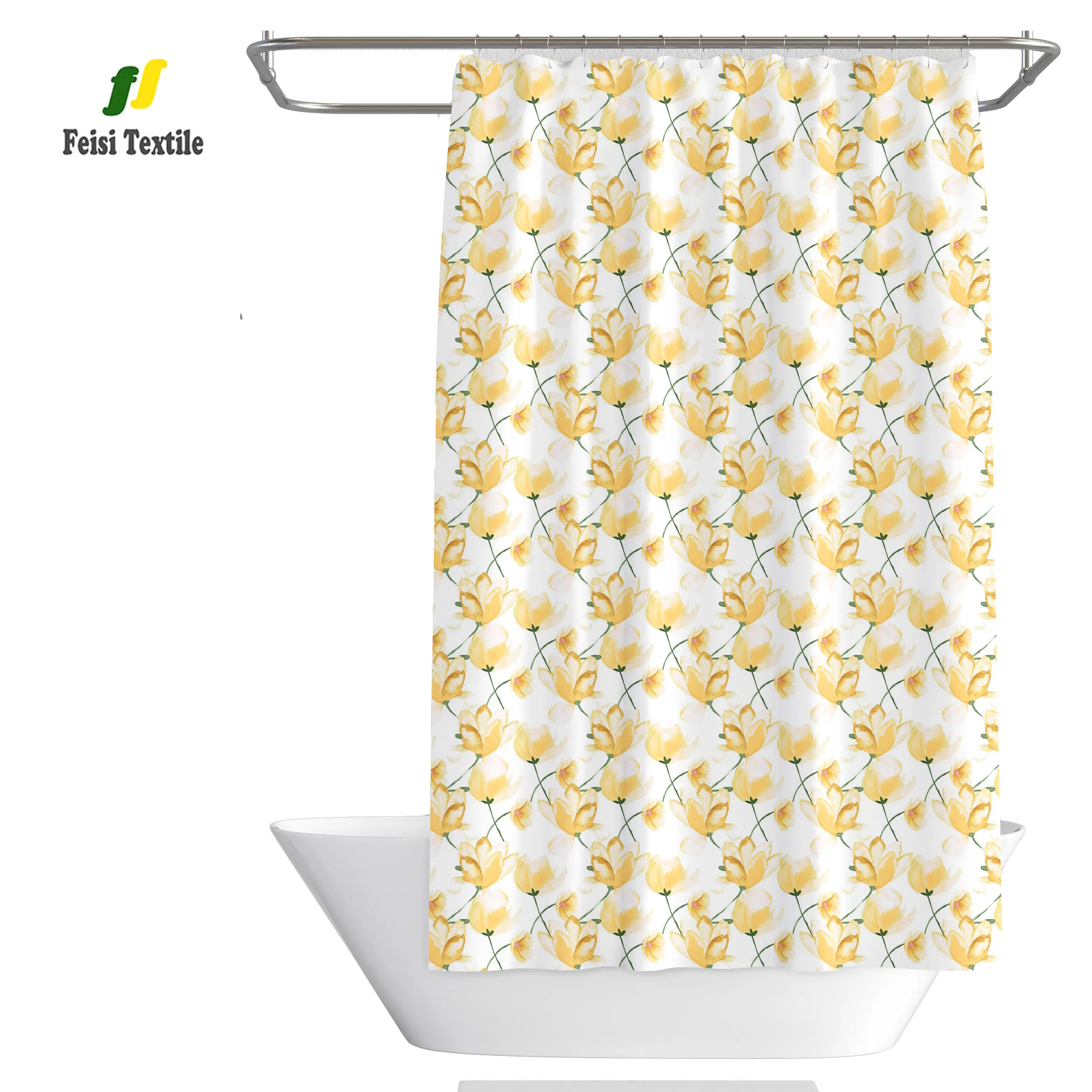 100% polyester Tissu Jaune Fleur Imprimé 12 Crochets En Plastique Rideau De Douche Pour La Maison Décor De Salle De Bain Rideau