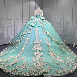 Gaun Pesta Jancember LSMU152 Hijau Mint Model Ball Gown Tanpa Tali dengan Hiasan Bunga 3D untuk Quinceanera dan Pernikahan dengan Pita di Belakang - Product Image 3