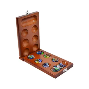 Houten Bamboe Mdf Slimme Tactische Spelinstructies Inclusief Houten Meerkleurige Glazen Kralen Bordspel Opvouwbare Houten Mancala-Set