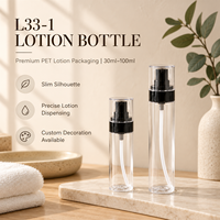 Flacon de lotion en PET mince de 30 ml, 50 ml, 100 ml, diamètre 33 mm, col 20/410, pompe PP de qualité alimentaire, format voyage, sérum, essence
