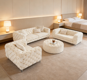 Ensemble de canapés en bouclette crème - 4 pièces, mobilier de salon pour hall d'hôtel (3/<span class=keywords><strong>2</strong></span> <span class=keywords><strong>places</strong></span> + fauteuil + pouf), canapé de luxe - Product Image 1
