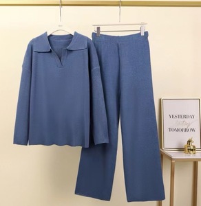 Autumn Winter Polo Neck Knitted Pullover Wide Leg <b>Pants</b> Women's Sweater 2-Piece Set Fashion - Product Image 5