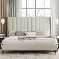 Ensemble de lit double Queen style nordique de luxe léger avec rangement, mobilier moderne minimaliste en lin rembourré, idéal pour villa spacieuse