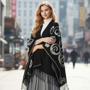 Flowing Striped <b>Poncho</b> Shawl for Women Open Front Cape with Fringe Tassels Fashion Layering Wear - Product Image 6