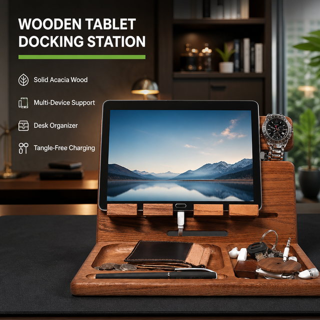 Premium Wooden Tablet Docking Station Solid Acacia Wood Desk Organizer for Multi Device Charging and Accessory with Watch Stand
