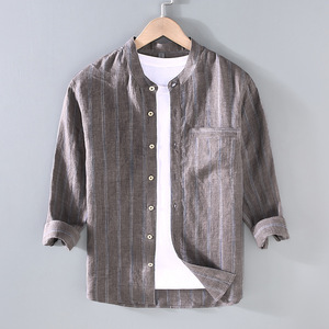 G036 nuova <span class=keywords><strong>camicia</strong></span> estiva in <span class=keywords><strong>stile</strong></span> <span class=keywords><strong>giapponese</strong></span> con colletto ripiano tinta in filo di lino a maniche a tre quarti Casual Versatile da uomo - Product Image 3