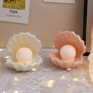 Mystic Arts Seashell Night <b>Light</b> Ceramic Desk Lamp With Led Glow For Bedroom Bedside Or Dressing Table Jewelry Storage Tray - Product Image 1