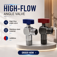 Robinet d'arrêt d'angle moderne en acier inoxydable chromé à haut débit avec poignée rouge et bleue pour eau chaude et froide, pour salle de bain et cuisine