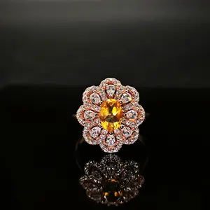 New Micro Paved Cubic Zirconia Diamond Flower Rings Women Yellow Gemstone Fashion 925 Sterling Silver Natural Citrine Rings 5*7
