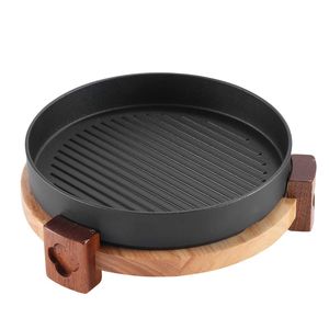 Poêles et casseroles rondes en <span class=keywords><strong>fonte</strong></span> <span class=keywords><strong>émaillée</strong></span> de haute qualité, pré-assaisonnées par le fabricant, à motif solide, avec base en bois - Product Image 1