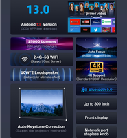 Nativo 1080P 4K Smart TV Android 13 Proyector Auto Focus Keystone 600 ANSI Conectividad USB 3D NTV Auto Focus Keystone Beamer