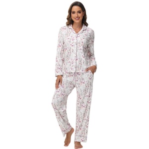 Pijamas de Algodón con Estampado Floral de Manga Larga Personalizados, Conjuntos de Pijamas Personalizados con Ribete, Ropa de Dormir de Bambú para Mujer - Product Image 1