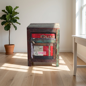 Rustic Reclaimed Wood Nightstand With Drawer And Door <b>Storage</b> <b>Cabinet</b> with Metal Printed Sheet Fitted Bedroom Bedside Furniture - Product Image 3