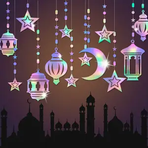 Easttern iridiscente Ramadán estrella Luna fiesta decoraciones guirnalda Twinkle Little Star serpentinas colgantes remolino Eid Mubarak fiesta De