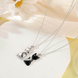Geometry Zircon Black White Contrast Cat Pendant <b>Couple</b> <b>Necklace</b> Trendy Good Friends <b>Couple</b> Jewelry Matched Cat Charm <b>Necklace</b> - Product Image 3