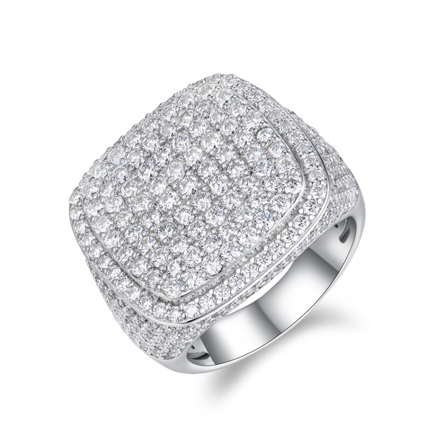 Chunky Double Layer Tiered Square Bling Moissanite Male Signet Ring S925 Silver Bright Rhodium Plated Streetwear Jewelry