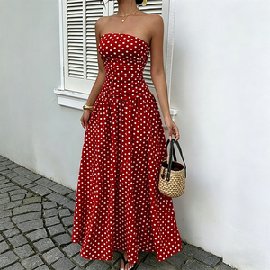 Abito lungo da donna 2026 senza spalline <span class=keywords><strong>a</strong></span> <span class=keywords><strong>pois</strong></span>, vintage, arricciato, <span class=keywords><strong>a</strong></span> vita alta, linea ad <span class=keywords><strong>A</strong></span>, fluido, per vacanze estive al mare - Product Image 1