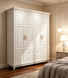 Traditional <b>White</b> Wardrobe with Raised Panel Doors and Brass Handles, 2 Drawers, Freestanding Bedroom <b>Storage</b> <b>Cabinet</b> - Product Image 4