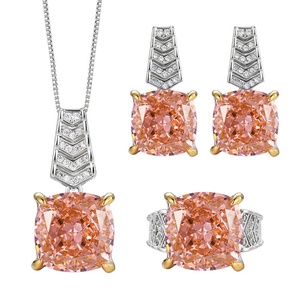 Fashion Eco-friendly Copper Sparkling Statement 12*12/10*10mm Iced Out Cubic Zirconia Necklaces <b>Earrings</b> Ring Jewelry Sets - Product Image 1