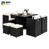Ensemble de salle à manger d'extérieur 9 pièces en rotin PE, table carrée, 4 fauteuils, 4 poufs, noir, gain de place