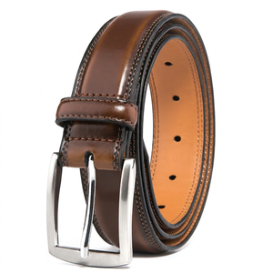 Cinturón de Cuero Genuino para Hombre, Color Marrón Sólido, Hebilla Plateada, Estilo Formal, Duradero, 3.5cm de Ancho, Hecho a Mano - Product Image 1