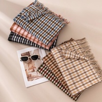 Syal Kotak-kotak Vintage Inggris untuk Wanita, Panjang, Hangat, Tahan Angin, Dapat Dibalik, Bahan Poliester, Motif Tartan