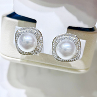 Boucles d'oreilles clous de luxe en perles rondes Edison de 10-11 mm, double couche carrée entièrement pavée de zircon, bijoux de mode pour femme