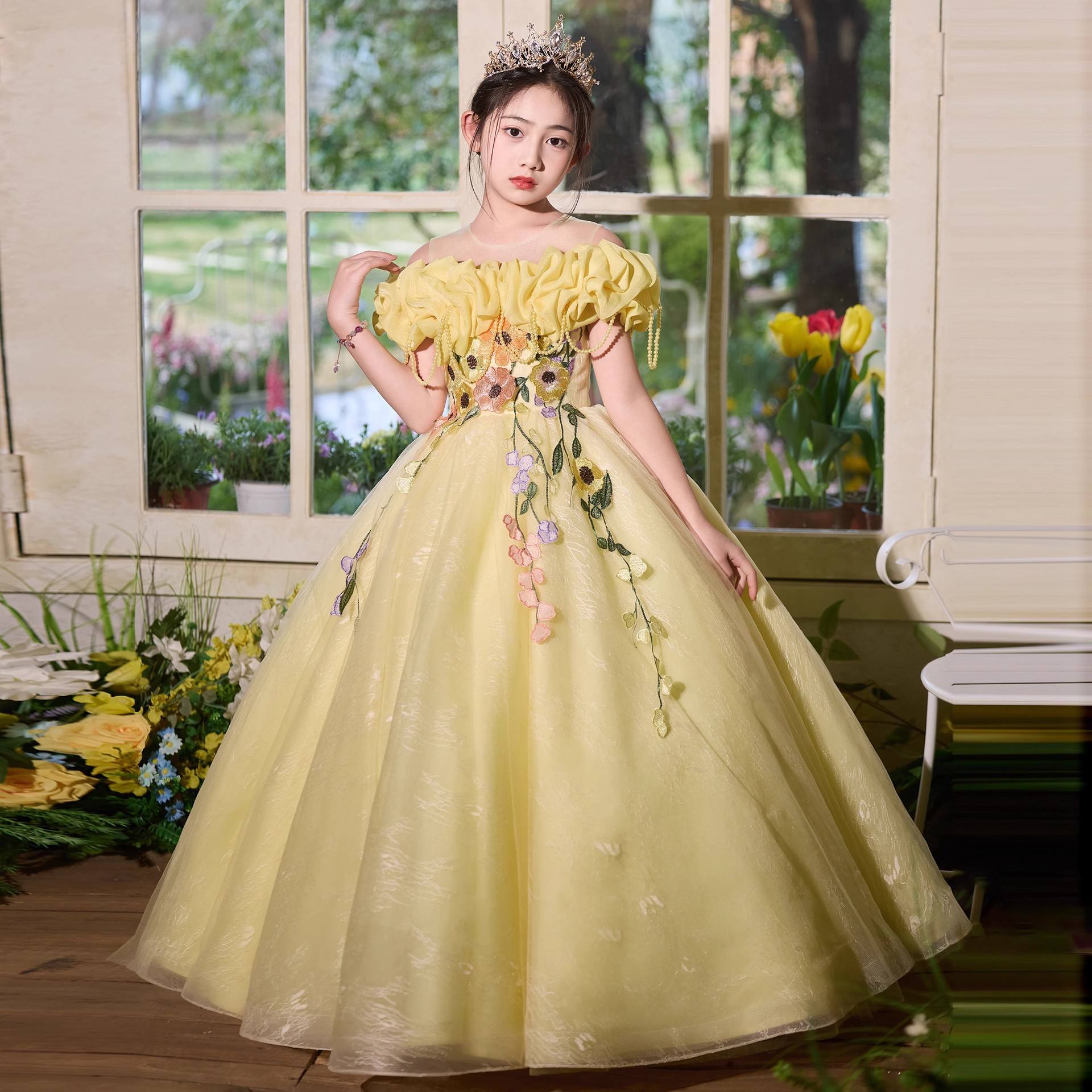 Yellow Ground Frock Ladies Yellow Long Gown For Flower Girls