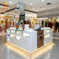 Kiosque optique moderne en bois blanc brillant, vitrine à lunettes éclairée pour centre commercial, stand de lunettes de soleil