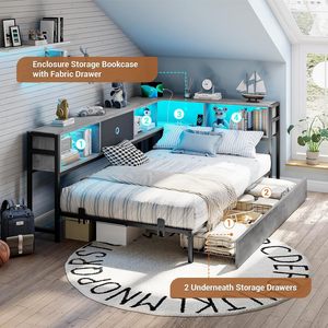 Cross-border metal wrought iron <b>bed</b> frame, simple corner floor-standing single <b>bed</b> with <b>LED</b> ambient lighting and drawer storage. - Product Image 4