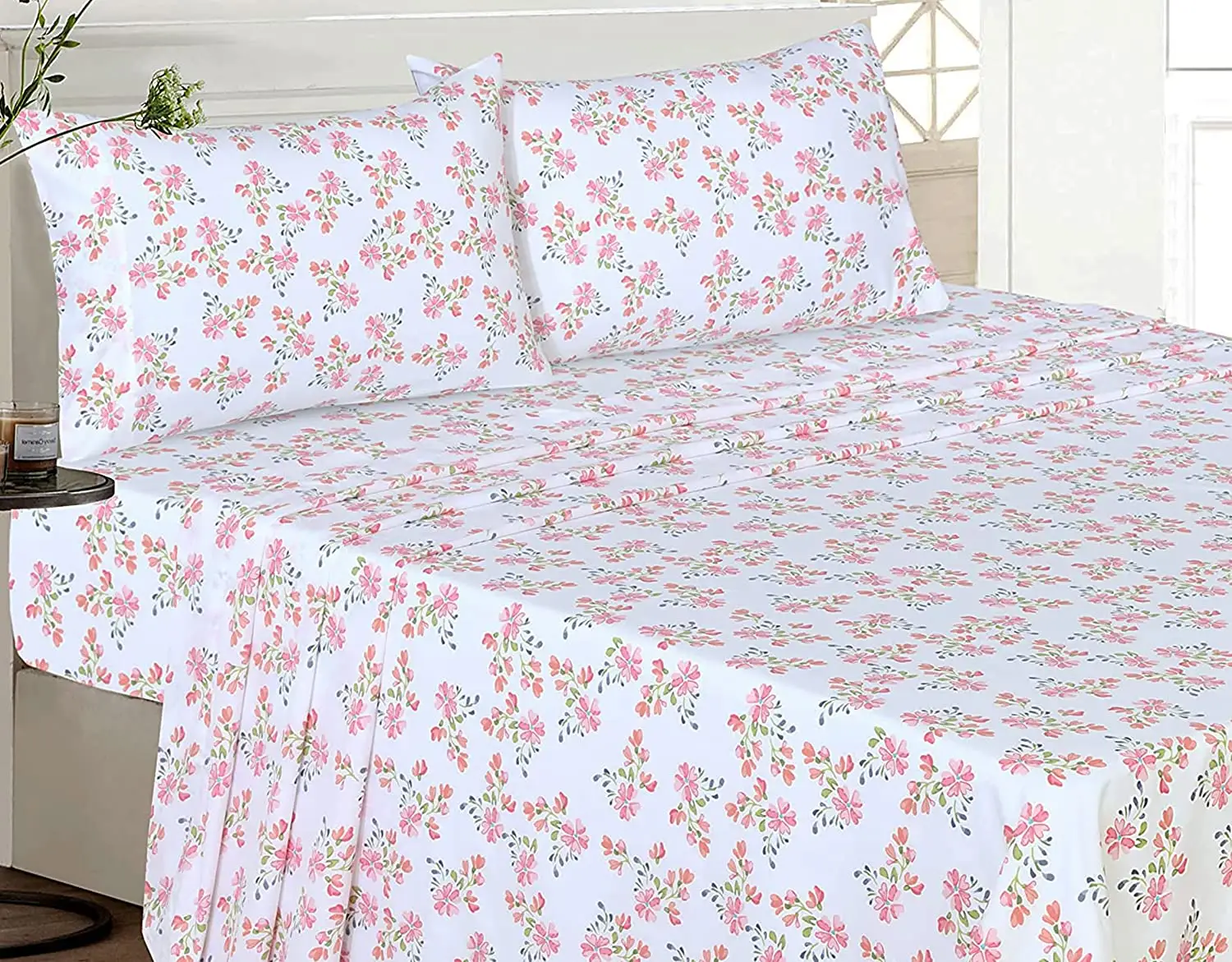 Juego de sábanas de algodón 100% con estampado Floral, ropa de cama suave y transpirable, color rojo y verde, tamaño completo, 4 unidades