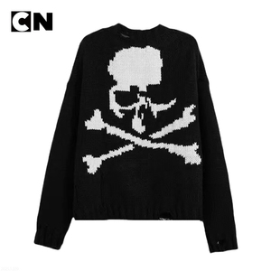 ผู้ผลิตเสื้อสเวตเตอร์ที่ได้รับการรับรอง GRS ขายส่งเสื้อสเวตเตอร์ไหมพรมถักลายกะโหลกศีรษะสีดำสำหรับผู้ชาย สไตล์ลำลอง สำหรับฤดูหนาว - Product Image 2