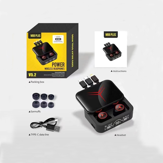 Factory Wholesale M88 Plus V5.2 TWS Wireless Earphone Gaming Stereo Earbuds With Power Bank LED Display Built in Cable