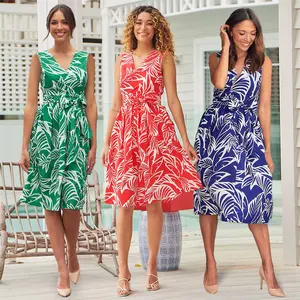 2023 קיץ חדש V-צוואר שרוולים הדפסת Slim גבוהה מותן בינוני מזדמן אופנה שמלת גודל גדול נשים של שמלת S-2XL
