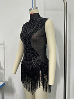 Justaucorps Noir à Strass et Paillettes, Franges, Maille Transparente, Col Roulé, Sans Manches, Style Gothique, pour Spectacle, Danse Drag, Scène, Costume de Danseuse