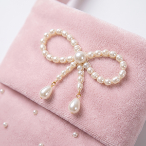 Blush <b>Pink</b> Pearl Beaded Velvet Christmas Stocking Bow Xmas Sock for Girls Room Holiday Gift <b>Bags</b> - Product Image 2