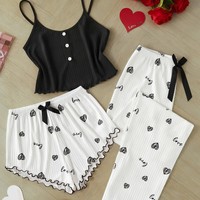 P346 Setelan Piyama Wanita Dua Potong Ukuran Besar dengan Pinggang Elastis, Motif Cetak Bentuk Bunga, Fashion Musim Semi